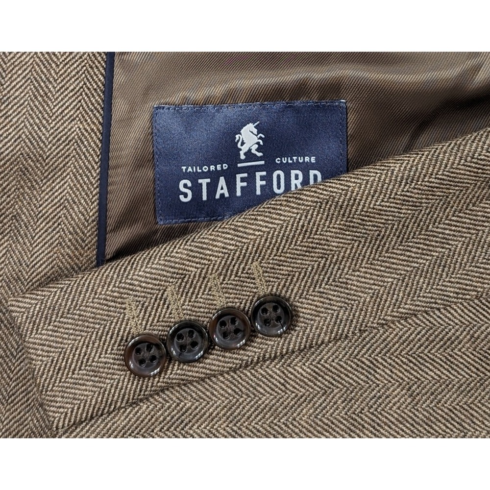 Stafford Blazer Sport Coat Jacket Classic Fit 46R Merino Wool Brown Herringbone